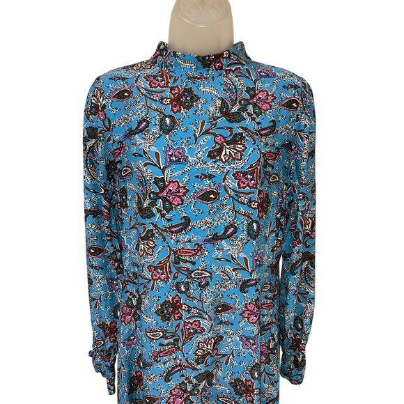 New LOFT Bouquet Mock Neck Midi Dress Blue Floral Print Long Sleeve Viscose Wome - Picture 4 of 10